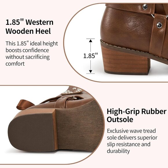 Women's Brown Western Leather Mid Calf Fashion Chunky Cowgirl Pointed Toe Boot - Picture 5 of 7